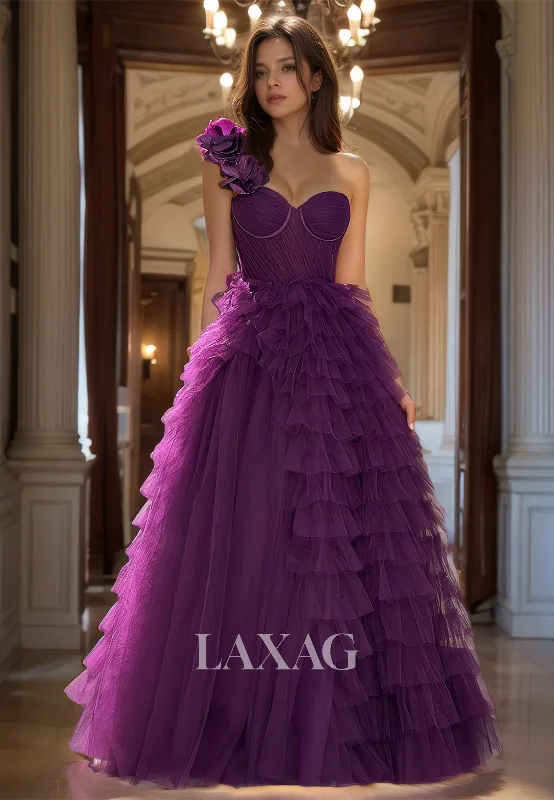 Clearance Sale Off-Shoulder Sweetheart Sleeveless Tulle Formal Gowns Floral Embossed Pleated Tiered A-Line Prom Dress Clearance Sale Off-Shoulder Sweetheart Sleeveless Tulle Formal Gowns Floral Embossed Pleated Tiered A-Line Prom Dress