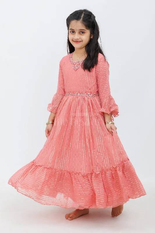 Women's Online Boutique Girls Maroon Party Gown with Full-Length Flare and Shimmering Metallic Detailing Women's Online Boutique Girls Maroon Party Gown with Full-Length Flare and Shimmering Metallic Detailing