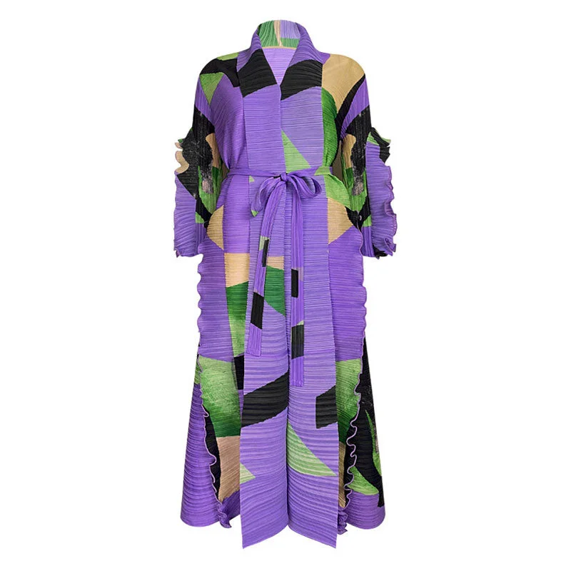 Women’s Street Style Casual Wear Artistic Color Block V Neck Ruffled Sleeve Self Tie Belted Pleated Midi Dress Women’s Street Style Casual Wear Artistic Color Block V Neck Ruffled Sleeve Self Tie Belted Pleated Midi Dress