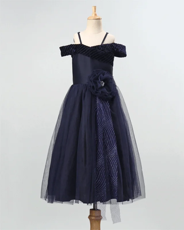 Break Fashion Norms Pre-Order: Girls Flower Embellished party gown in net with crepe lining-Navy Blue