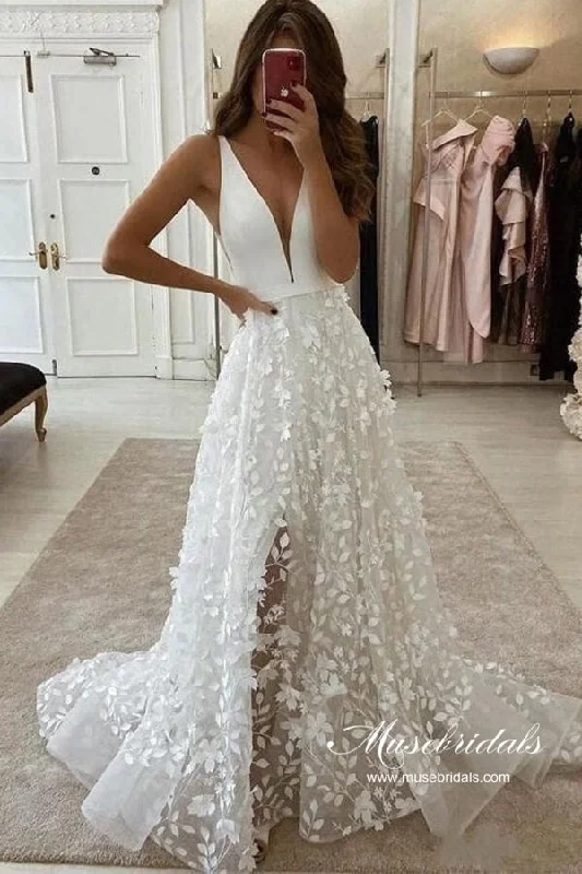 Clothing Sales Roycebridal Boho Satin A-line V-neck 3D Flowers Wedding Dresses With High Slit, MW961 Clothing Sales Roycebridal Boho Satin A-line V-neck 3D Flowers Wedding Dresses With High Slit, MW961