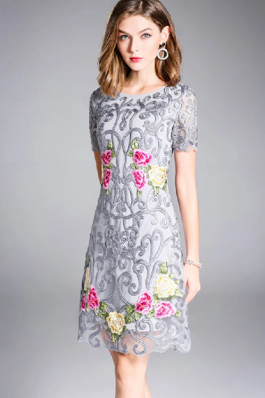 Holiday Special Offers Short Sleeve Applique Embroidered Midi Dress