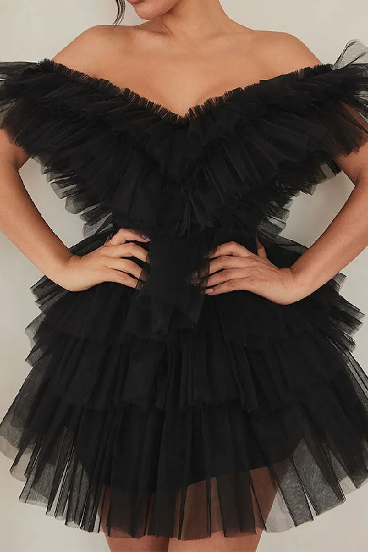 Unique Women’s Fashion Pieces Solid Color Tulle Glamorous Tiered Mini Dress