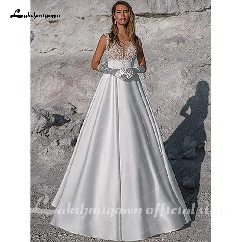 Trendy Women's Wear Roycebridal Simple White Satin Wedding Dress A Line Bride Gowns