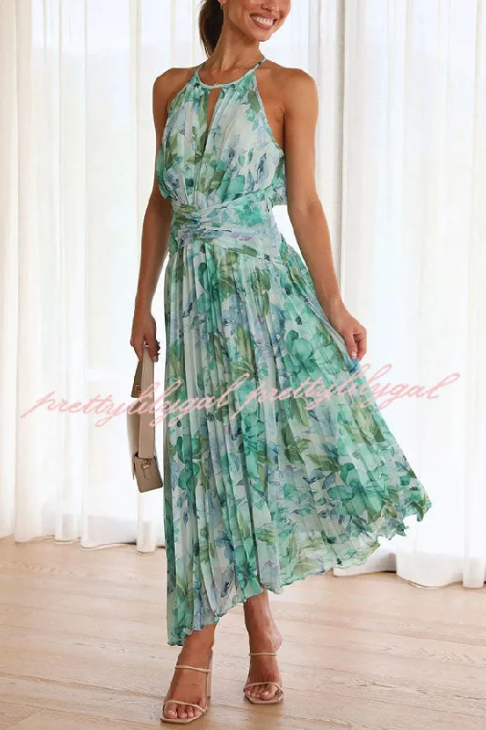 Chic Outfits Sunny Forecast Floral Cutout Neck Pleated Midi Dress