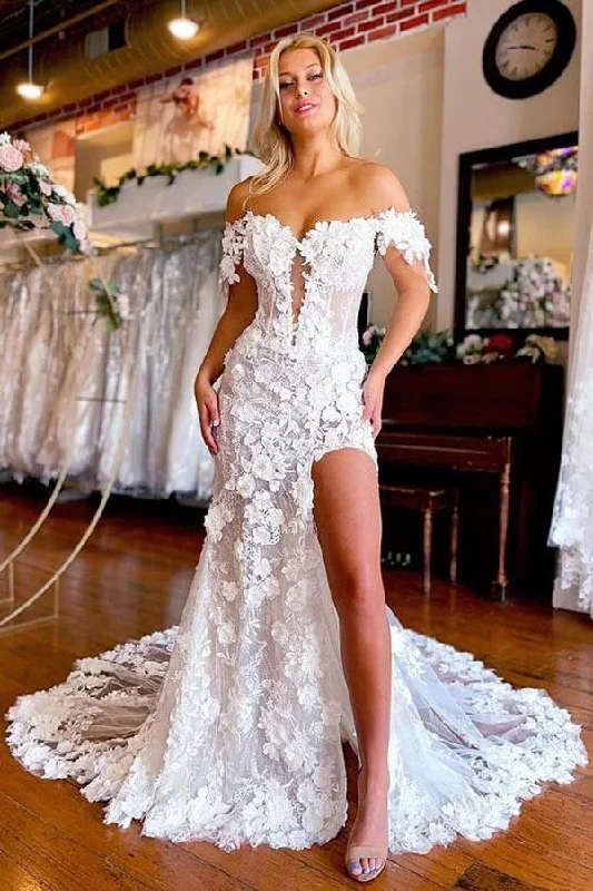 Women’s Street Style Casual Wear Roycebridal Beautiful Lace Mermaid 3D Flowers Boho Wedding Dresses With Slit, MW1006 Women’s Street Style Casual Wear Roycebridal Beautiful Lace Mermaid 3D Flowers Boho Wedding Dresses With Slit, MW1006