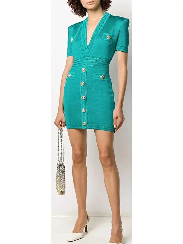 Chic And Comfortable V-Neck Button-Embellished Mini Dress