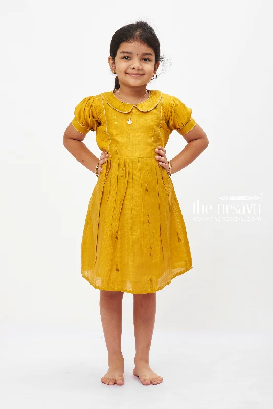 Budget-Friendly Fashion Golden Sunshine Puff Sleeve Dress: Girls' Mustard Yellow Frock with Shimmer Accents Budget-Friendly Fashion Golden Sunshine Puff Sleeve Dress: Girls' Mustard Yellow Frock with Shimmer Accents
