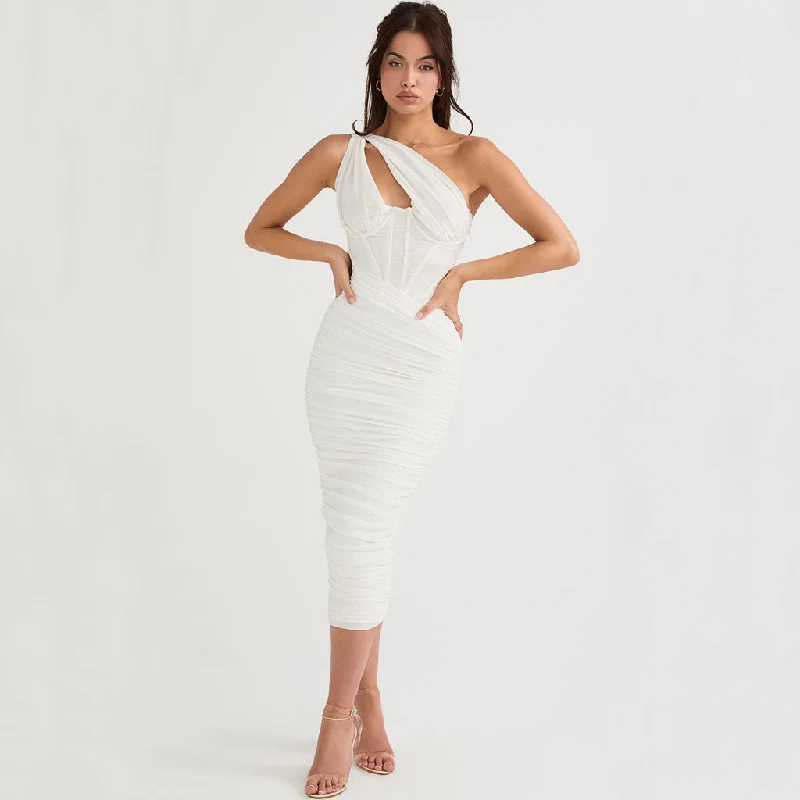 Extreme Clearance Deals Asymmetric One Shoulder Cutout Ruched Corset Mesh Midi Dress - White