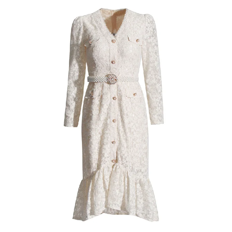Feminine Dresses for Women in Bold Prints Chic V Neck Long Sleeve Faux Pearl Belted Lurex Lace Fishtail Midi Dress Feminine Dresses for Women in Bold Prints Chic V Neck Long Sleeve Faux Pearl Belted Lurex Lace Fishtail Midi Dress