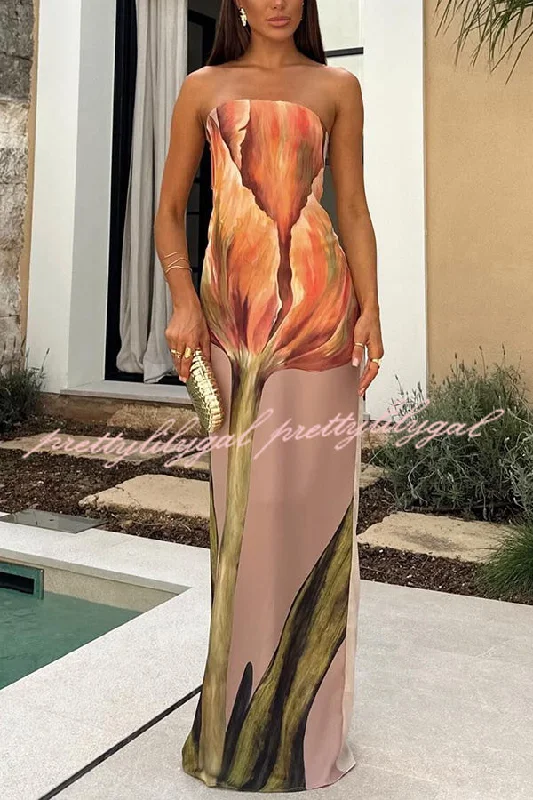 Current Trends Beautiful Melody Chiffon Floral Print Bandeau Loose Maxi Dress