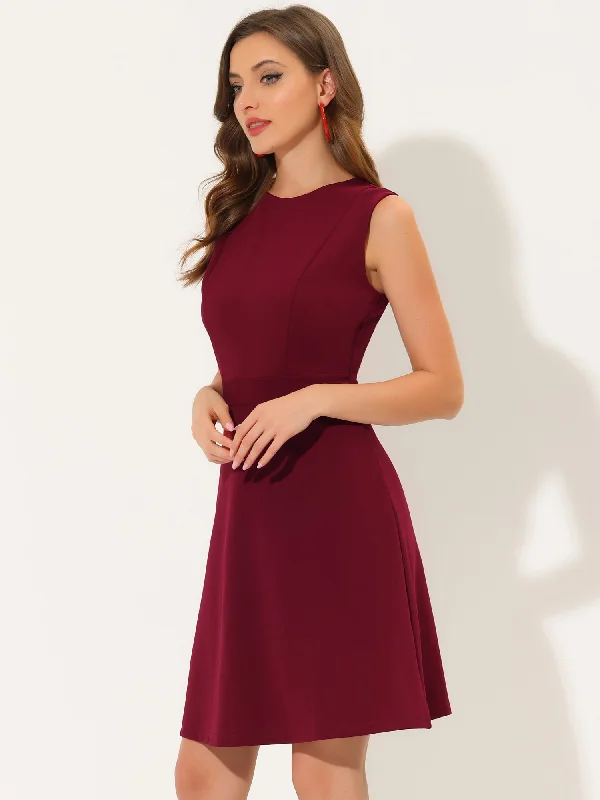 Special Offers, Don't Miss Round Neck Solid Color Sleeveless A-Line Work Midi Dress