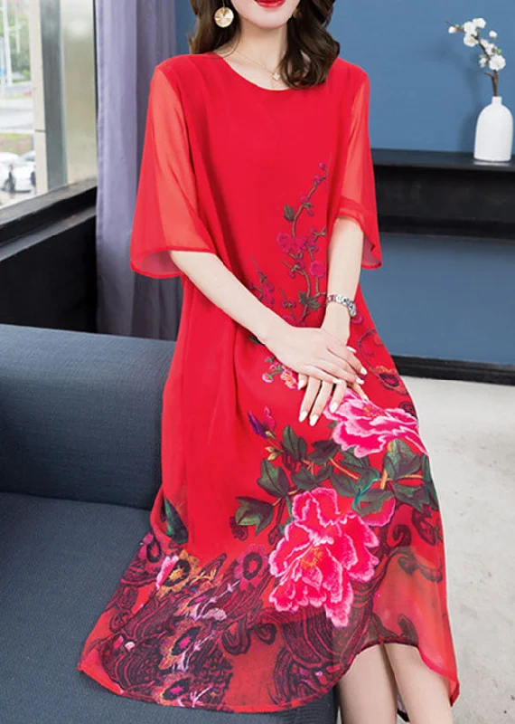 Casual Wear Handmade Red O Neck Floral Patchwork Chiffon Dress Summer