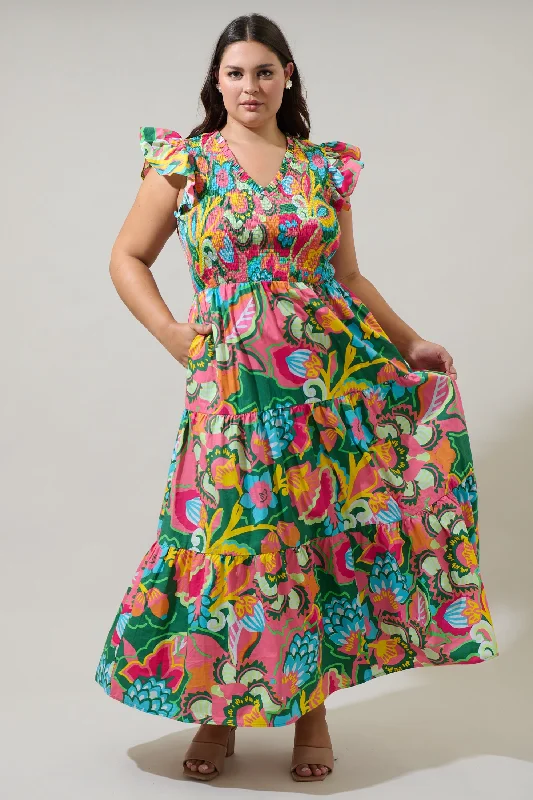 Wardrobe Upgrade Lanai Multi Tropics Sunfire Smocked Bodice Tiered Midi Dress Curve