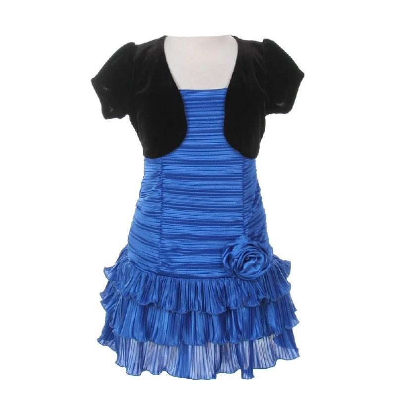 Trendy And Individual Women's Fashion Little Girls Azure Black Pleated Tiered Velveteen Bolero 2 Pc Dress Outfit 2-6