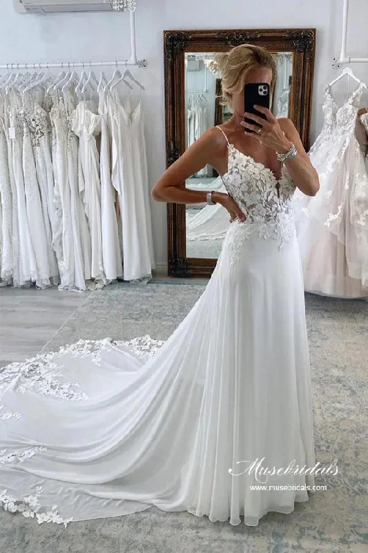 Clothes For Woman Roycebridal Chiffon A-line Spaghetti Straps Lace Appliques Court Train Wedding Dress, MW893