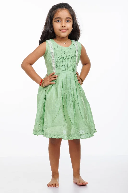 Latest Trends Girls Enchanted Garden Cotton Frock - Lush Green with Delicate Lace