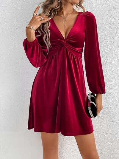Unique Women’s Fashion Pieces Twisted V-Neck Balloon Sleeve Mini Dress
