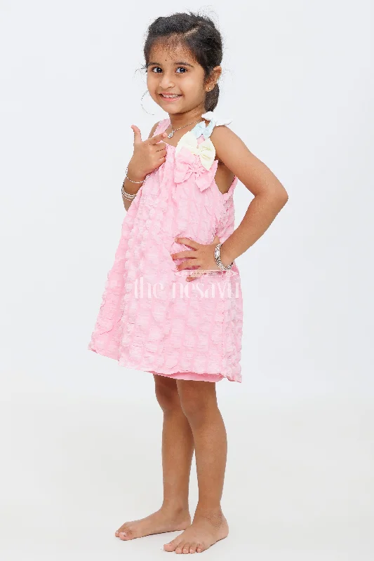 Bundle Offer Pink Baby Frock with Popcorn Fabric and Colorful Bow Accent for Girls