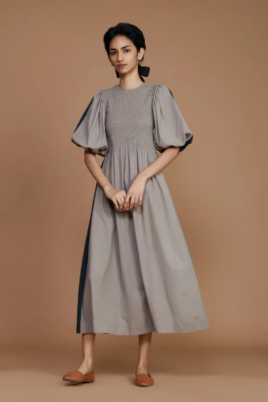 Shop Our Looks Reversible Smocked Balloon Sleeve Grey & Charcoal Dress