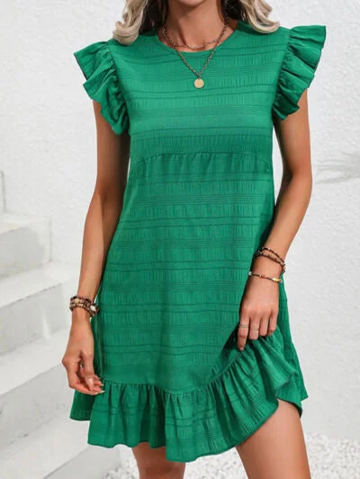 Affordable Online Boutique Ruffled Round Neck Cap Sleeve Mini Dress