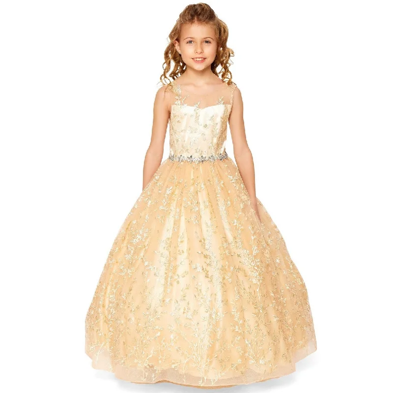 Seasonal Picks Little Girls Champagne Glitter Embroidered Rhinestone Belt Ball Gown 2-6 Seasonal Picks Little Girls Champagne Glitter Embroidered Rhinestone Belt Ball Gown 2-6
