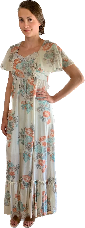 Wardrobe Upgrade 70s Flounce Sleeve Peach & Blue Floral Prairie Dress  w30