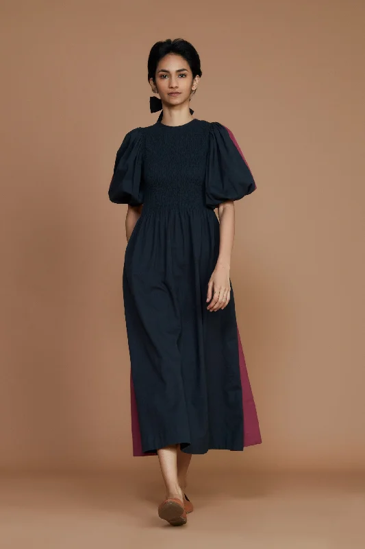 Season Appropriate Women's Collection Reversible Smocked Balloon Sleeve Charcoal & Mauve Dress