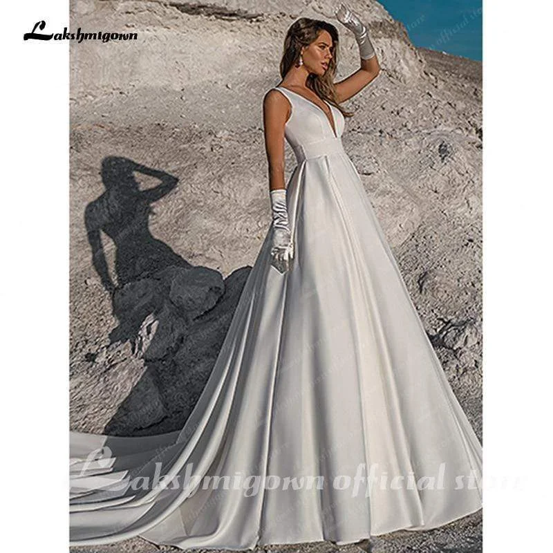 Colorful Clothing Roycebridal Simple White Satin Wedding Dress A Line