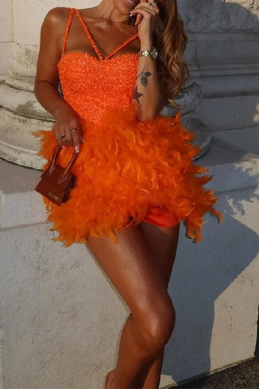 Big Sale Event Sequined Patchwork Sweet Feather Mini Dress