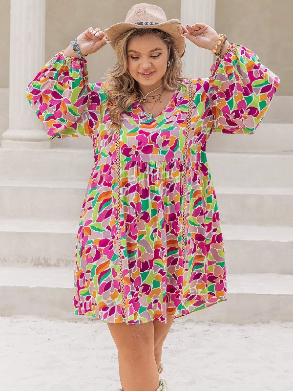 Early Bird Offer Plus Size Printed V-Neck Balloon Sleeve Mini Dress