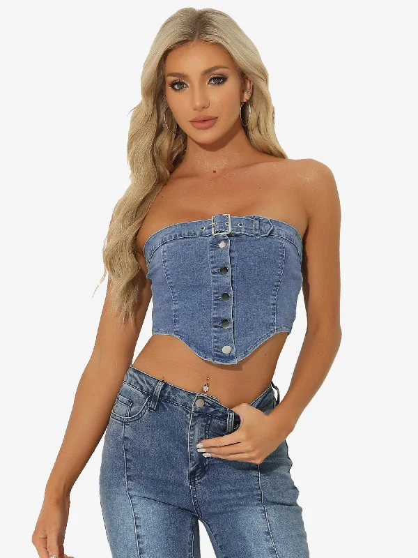 Trendy Women's Collection Denim Crop Tube Strapless Sleeveless Button Sexy Corset Top Trendy Women's Collection Denim Crop Tube Strapless Sleeveless Button Sexy Corset Top