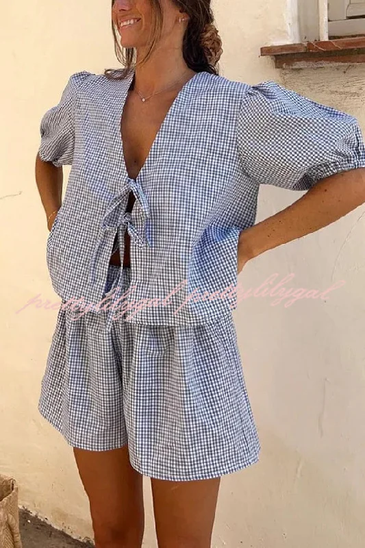 Women’s Clothing for All Occasions Fresh and Sweet Plaid Front Lace-up Puff Sleeve Top and Elastic Waist Shorts Set Women’s Clothing for All Occasions Fresh and Sweet Plaid Front Lace-up Puff Sleeve Top and Elastic Waist Shorts Set