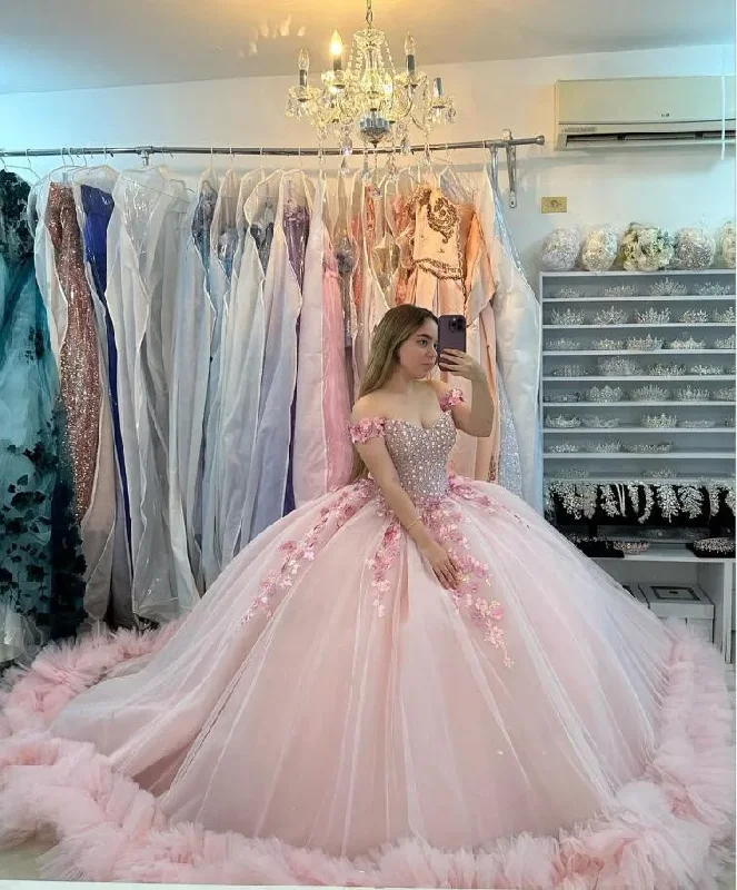 Fashionista Favorites Sparkly Pink Princess Quinceanera Dresses Off Shoulder Luxury Crystal 3D Floral Applique