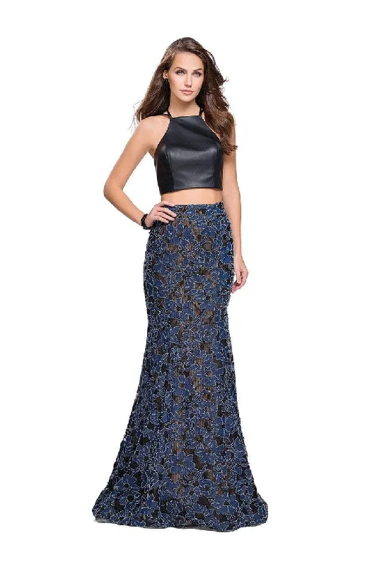 Chic Women’s Clothing for Work and Travel La Femme - 25602 Strappy Two Piece Halter Leather and Denim Gown Chic Women’s Clothing for Work and Travel La Femme - 25602 Strappy Two Piece Halter Leather and Denim Gown