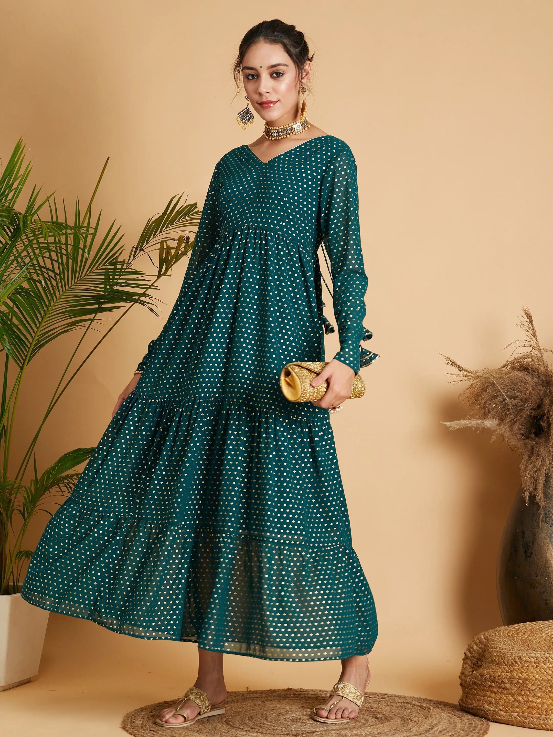 Discount Extravaganza Women Emerald Dot Foil Print Tiered Maxi Dress