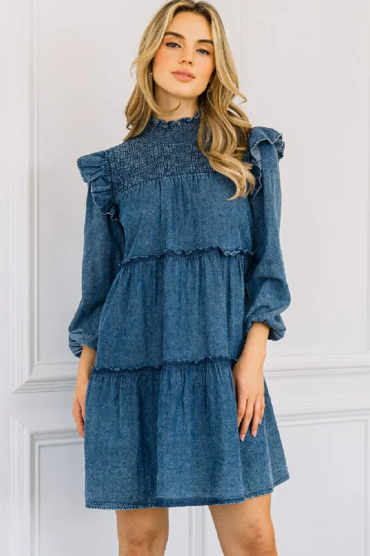 Trendy Women's Wear "Speak Your Truth" Plus Tiered Ruffle Denim Mini Dress