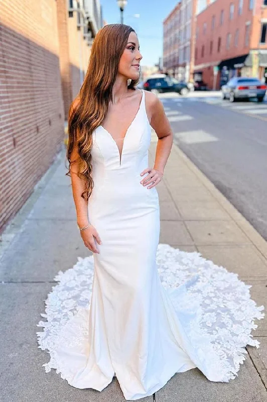 Women Online Clothing Boutiques Roycebridal Ivory Satin Mermaid V-neck Lace Wedding Dresses With Court Train, MW907 Women Online Clothing Boutiques Roycebridal Ivory Satin Mermaid V-neck Lace Wedding Dresses With Court Train, MW907