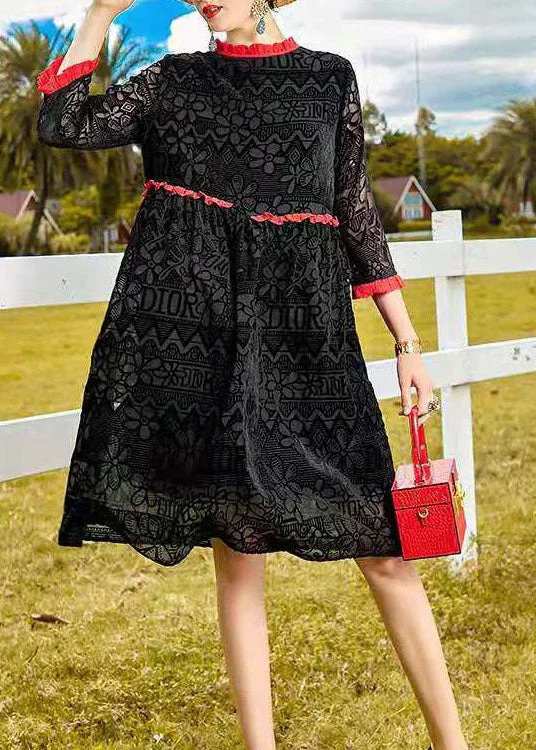 Trendy Women’s Fashion DIY Black Ruffled Floral Velour Dress Spring