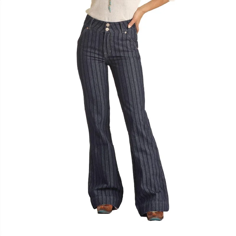 Casual Chic High Rise Stripe Jacquard Trouser Jean In Dark Wash