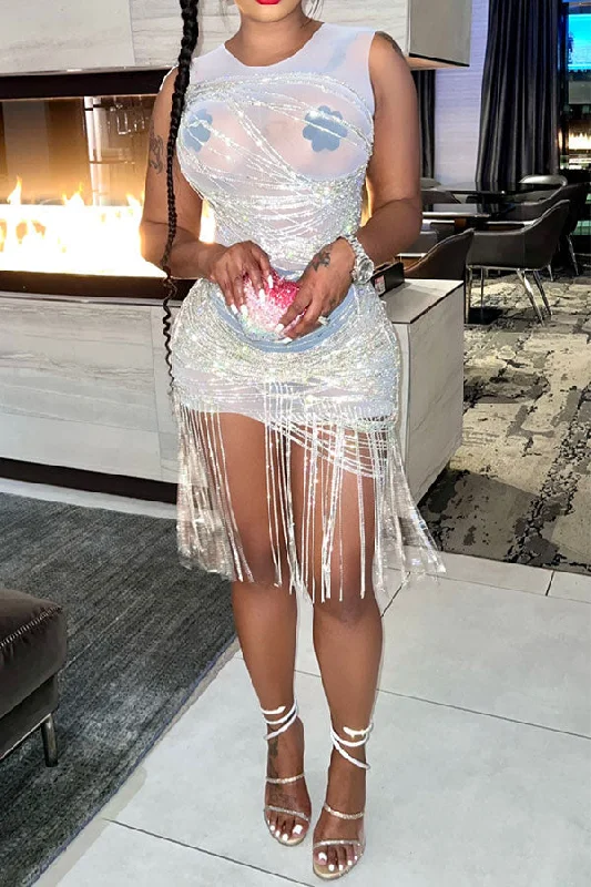 Exclusive Discount Patchwork Striking Multi-layer Rhinestone Tassel Mini Dress