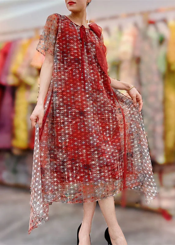 Laid-Back Elegance Classy Red Floral Decorated Patchwork Tulle Dresses Summer