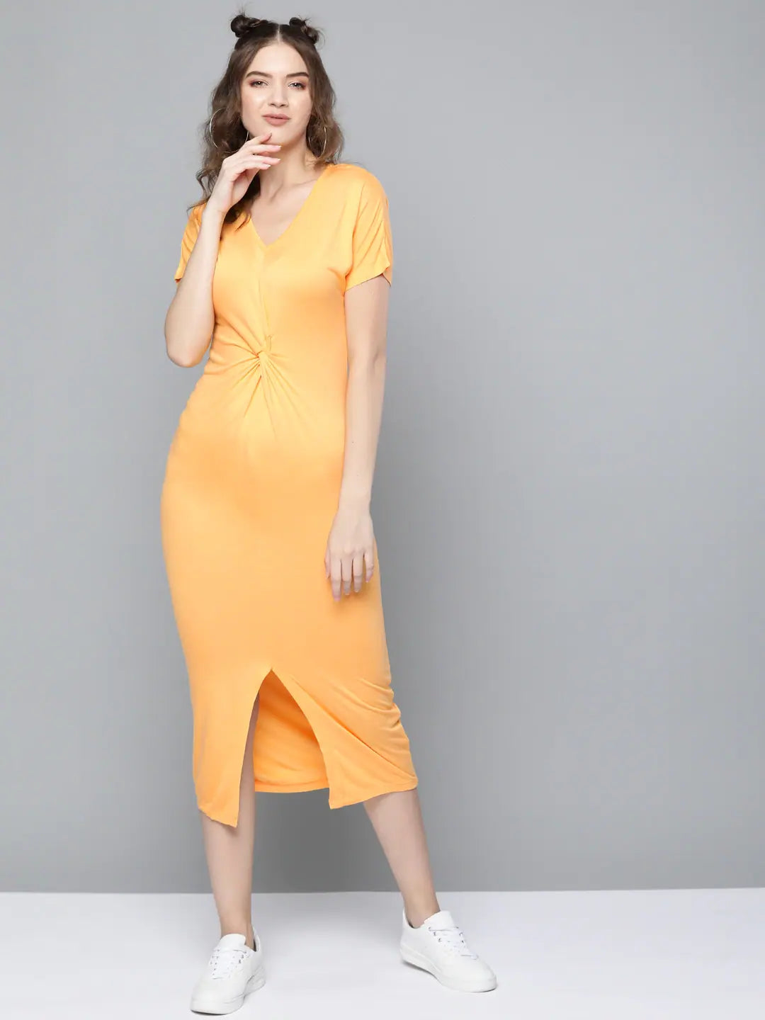 Valentine's Special Mustard Front Knot Maxi Dress