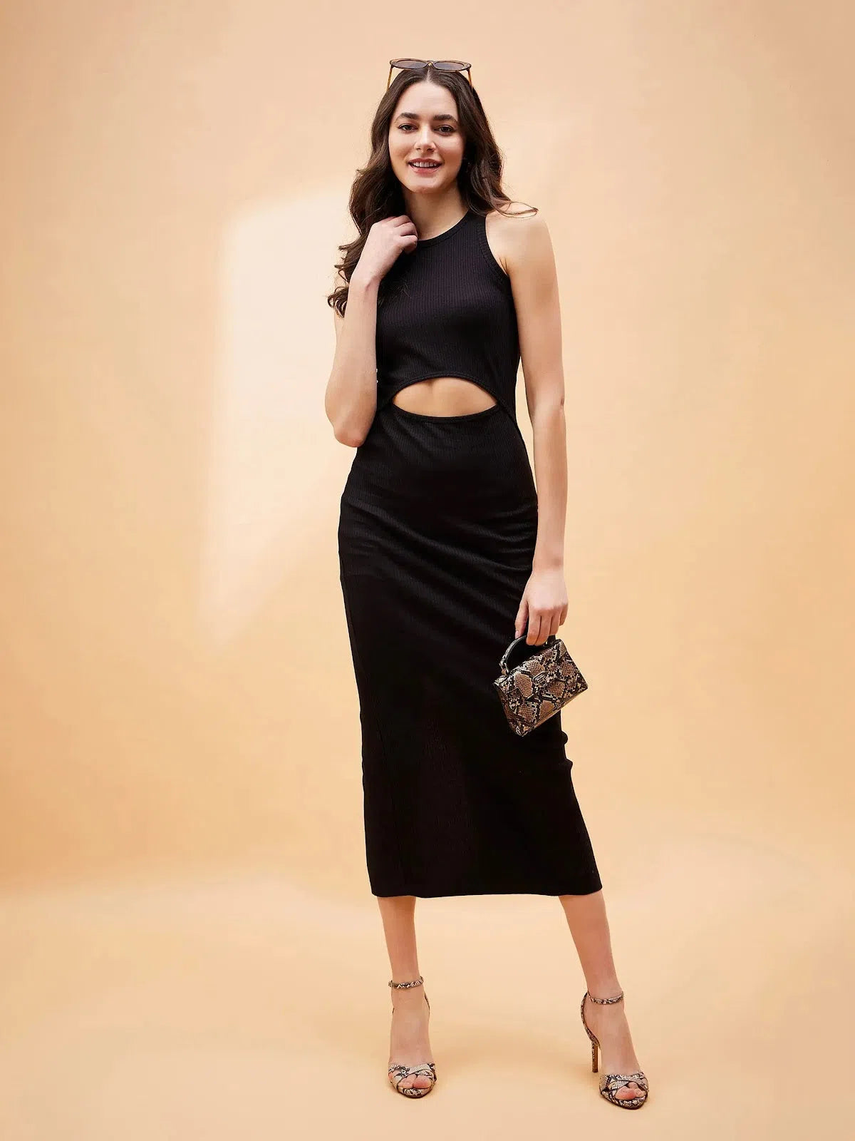 Holiday Glam Women Black Front Cut Out Rib Midi Dress