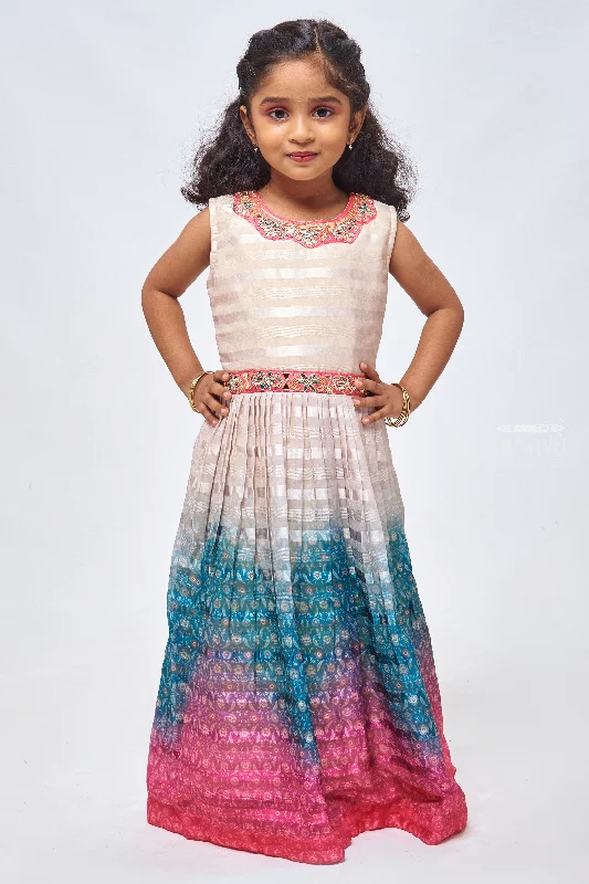 Best Online Clothing Boutiques Zardosi Brilliance: Striped & Pleated Beige Gown for Girls Best Online Clothing Boutiques Zardosi Brilliance: Striped & Pleated Beige Gown for Girls