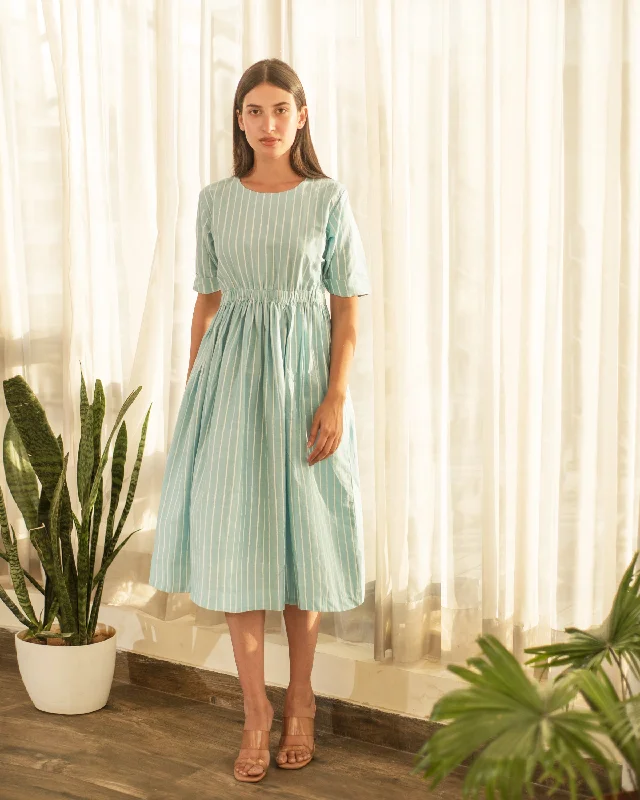 Boutique Dress Online Blue Stripe Elastic Waist Dress