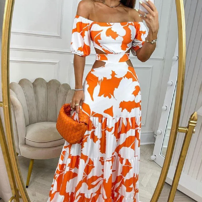 Last Chance For Amazing Deals Open-Shouldered Print Cut-Out Dress