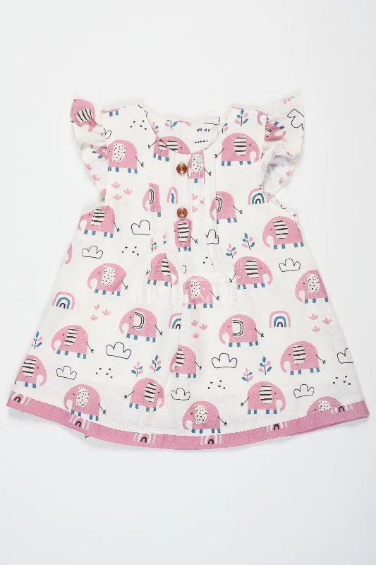 Online Boutiques Affordable Pink Elephant Print Baby Cotton Frock with Wooden Buttons and Ruffled Sleeves for Girls Online Boutiques Affordable Pink Elephant Print Baby Cotton Frock with Wooden Buttons and Ruffled Sleeves for Girls