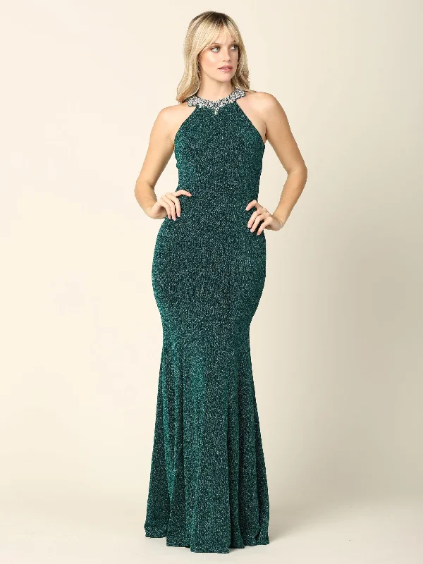 Absurdly Cheap Sale Long Fitted Halter Metallic Prom Dress