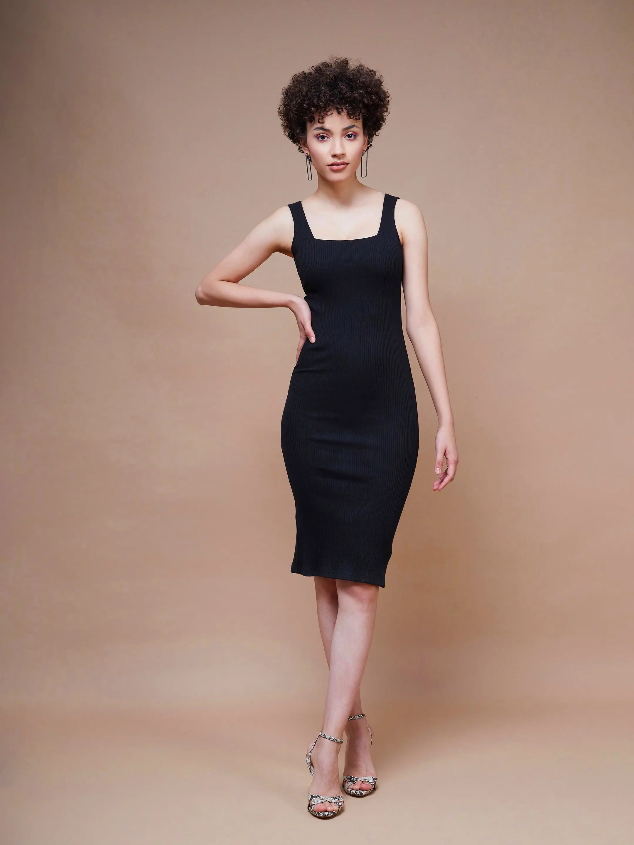 Top Brand Discounts Women Black Rib Square Neck Midi Dress